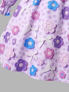 SHEIN Tween Girl Floral Print Square Neck Long Sleeve Bow Decor Dress - Purple - View 5