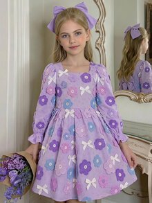 SHEIN Tween Girl Floral Print Square Neck Long Sleeve Bow Decor Dress - Purple - View 2