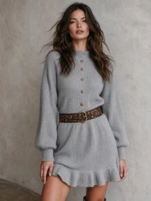 Solivie Women's Autumn Short Sweater Dress, Light Grey Ruffle Hem Knit Going Out Office Work Halloween Casual Elegant Fall Winter - Light Grey - View 5
