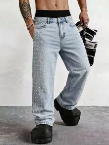 HIMLAND Men's Fashionable Studded Light-Colored Denim Jeans - أزرق فاتح - مشاهدة 9