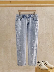HIMLAND Men's Fashionable Studded Light-Colored Denim Jeans - أزرق فاتح - مشاهدة 3