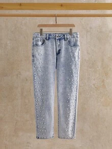 HIMLAND Men's Fashionable Studded Light-Colored Denim Jeans - أزرق فاتح - مشاهدة 8