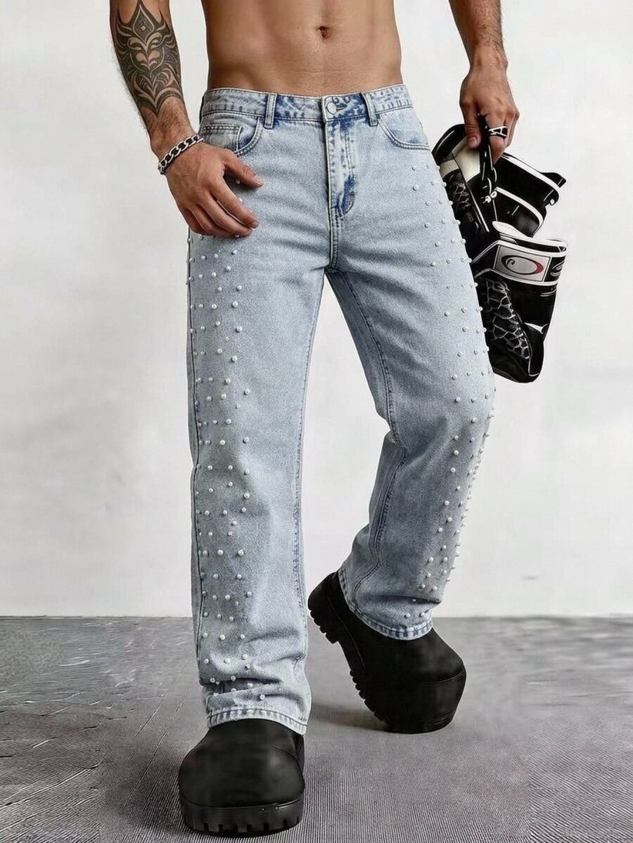 HIMLAND Men's Fashionable Studded Light-Colored Denim Jeans - أزرق فاتح - مشاهدة 1