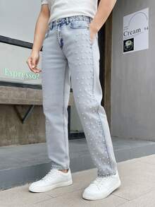 HIMLAND Men's Fashionable Studded Light-Colored Denim Jeans - أزرق فاتح - مشاهدة 2