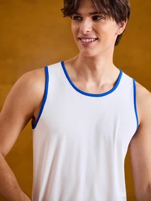 Sport MetroGents Boyfriend Style Men's Solid Color Patchwork Round Neck Sleeveless Simple Vest And Shorts Sports Suit Gym Set Workout Set - Multicolor - View 5