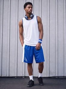 Sport MetroGents Boyfriend Style Men's Solid Color Patchwork Round Neck Sleeveless Simple Vest And Shorts Sports Suit Gym Set Workout Set - Multicolor - View 1