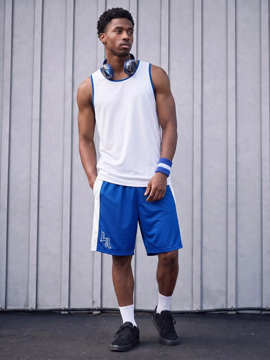 Sport MetroGents Boyfriend Style Men's Solid Color Patchwork Round Neck Sleeveless Simple Vest And Shorts Sports Suit Gym Set Workout Set - Multicolor - View 1