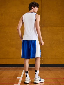 Sport MetroGents Boyfriend Style Men's Solid Color Patchwork Round Neck Sleeveless Simple Vest And Shorts Sports Suit Gym Set Workout Set - Multicolor - View 3