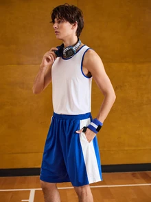 Sport MetroGents Boyfriend Style Men's Solid Color Patchwork Round Neck Sleeveless Simple Vest And Shorts Sports Suit Gym Set Workout Set - Multicolor - View 4