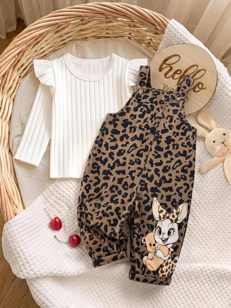SHEIN Baby Girl Leopard Print Corduroy Fabric Loose Adjustable Strap Rabbit Print Pattern Versatile Autumn Jumpsuit Suitable For Winter - Brown - View 1