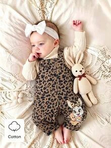 SHEIN Baby Girl Leopard Print Corduroy Fabric Loose Adjustable Strap Rabbit Print Pattern Versatile Autumn Jumpsuit Suitable For Winter - Brown - View 10