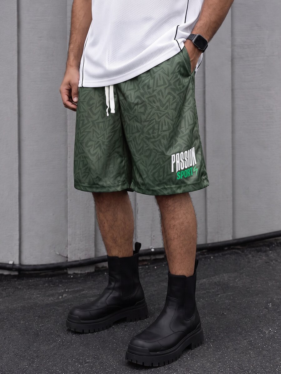 Sport MetroGents Men's Letter & Geometric Print Drawstring Waist Loose Shorts, Gym - Black - View 1