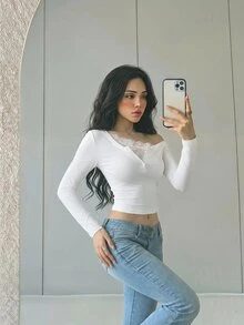 SHEIN ICON 性感休閒優雅蕾絲 2 合 1 不對稱肩長袖 T-shirt 約會早午餐白色秋季 - 白色 - 查看 3