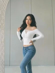 SHEIN ICON 性感休閒優雅蕾絲 2 合 1 不對稱肩長袖 T-shirt 約會早午餐白色秋季 - 白色 - 查看 4