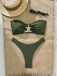 SHEIN Swim Women's Solid Color Spaghetti Strap Starfish Metal Decor Sexy Bikini Set, Summer - Army Green - View 4