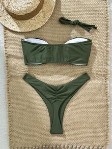 SHEIN Swim Women's Solid Color Spaghetti Strap Starfish Metal Decor Sexy Bikini Set, Summer - Army Green - View 2