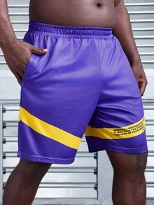 Sport MetroGents Men's Plus Size Slogan Print Casual Sport Shorts With Pockets - Purple - View 4