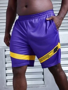 Sport MetroGents Men's Plus Size Slogan Print Casual Sport Shorts With Pockets - Purple - View 2