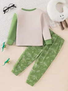 SHEIN 小男孩修身卡通可愛動物圖案休閒極簡緊身舒適加厚長袖圓領上衣褲子2件套，適合秋冬、萬聖節、聖誕節、新年、禮物、室內穿著 - 綠色 - 查看 6