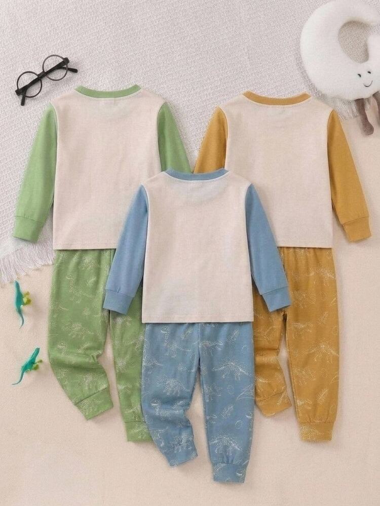 SHEIN Young Boy Snug Fit Cartoon Cute Animal Pattern Casual Minimalist Tight Comfortable Thick Long Sleeve Crew Neck Pants 2-Piece Set, Suitable For Autumn/Winter, Halloween, Christmas, New Year, Gift, Indoor - Green - View 2