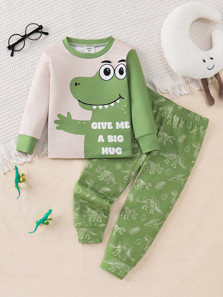 SHEIN Young Boy Snug Fit Cartoon Cute Animal Pattern Casual Minimalist Tight Comfortable Thick Long Sleeve Crew Neck Pants 2-Piece Set, Suitable For Autumn/Winter, Halloween, Christmas, New Year, Gift, Indoor - Green - View 5