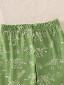 SHEIN 小男孩修身卡通可愛動物圖案休閒極簡緊身舒適加厚長袖圓領上衣褲子2件套，適合秋冬、萬聖節、聖誕節、新年、禮物、室內穿著 - 綠色 - 查看 4