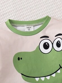 SHEIN 小男孩修身卡通可愛動物圖案休閒極簡緊身舒適加厚長袖圓領上衣褲子2件套，適合秋冬、萬聖節、聖誕節、新年、禮物、室內穿著 - 綠色 - 查看 7