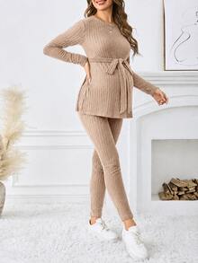 SHEIN 孕婦女款純色羅紋針織長袖上衣，羅紋針織套裝 世界盃 秋季款 - 卡其色 - 查看 4