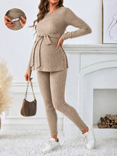 SHEIN ملابس حوامل نسائية بلون موحد محبوكة مضلعة بأكمام طويلة، طقم محبوك مضلع كأس العالم خريف