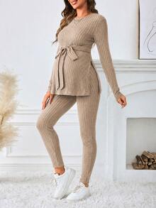 SHEIN 孕婦女款純色羅紋針織長袖上衣，羅紋針織套裝 世界盃 秋季款 - 卡其色 - 查看 6