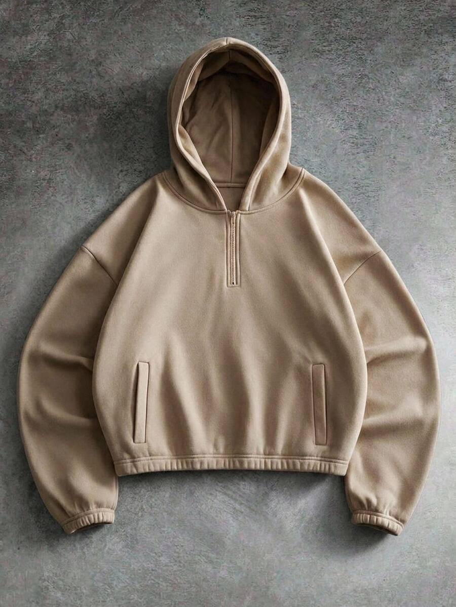 Manfinity RebelGame Men's Solid Color Long Sleeve Hooded Sweatshirt, Elegant Minimalist For Daily Commute - Khaki - View 1