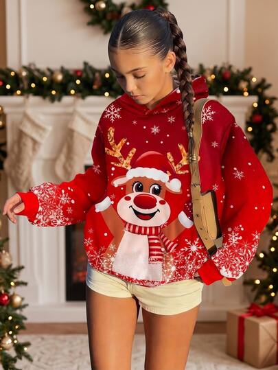 Girls' Christmas Cute Reindeer & Snowflake Print Hooded Sweatshirt, Red Long Sleeve Holiday Pullover