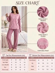 SHEIN Cottnline طقم بيجامة كاجوال لطيف للشتاء من القطيفة المضلع مع لوحة مطرزة بعبارة Eat Sleep Repeat باللون الوردي المغبر والوردي الفاقع - وردي - مشاهدة 5
