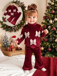 SHEIN Infant Girl Knit Stand Collar Long Sleeve Batwing Sleeve Bow Decor Top And Pants Set Cow Girl Modest Outfit Fall Christmas New Year Family - Red - View 6