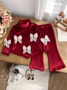 SHEIN Infant Girl Knit Stand Collar Long Sleeve Batwing Sleeve Bow Decor Top And Pants Set Cow Girl Modest Outfit Fall Christmas New Year Family - Red - View 1