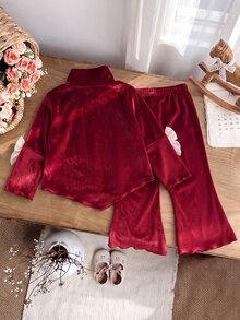 SHEIN Infant Girl Knit Stand Collar Long Sleeve Batwing Sleeve Bow Decor Top And Pants Set Cow Girl Modest Outfit Fall Christmas New Year Family - Red - View 2