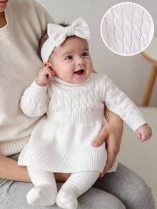 SHEIN Baby Girl Vintage Cable Knit Jacquard High Neck Loose Waist Long Sleeve Knit Autumn Jumpsuit Suitable For Winter - Beige - View 1