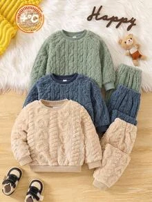 SHEIN 2件組嬰兒男孩女孩秋冬休閒百搭毛絨面料長袖居家服套裝，聖誕睡衣 - 杏色 - 查看 10
