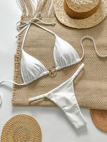 SHEIN Swim Women's Solid Color Metal Trim Spaghetti Strap Bikini Two Pieces Swimwear Set, Summer Beach Vacation - White - View 4