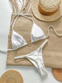 SHEIN Swim Women's Solid Color Metal Trim Spaghetti Strap Bikini Two Pieces Swimwear Set, Summer Beach Vacation - White - View 3
