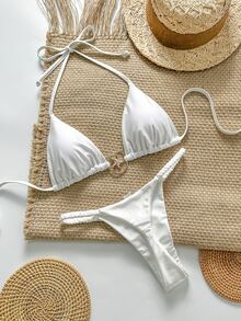 SHEIN Swim Women's Solid Color Metal Trim Spaghetti Strap Bikini Two Pieces Swimwear Set, Summer Beach Vacation - White - View 2