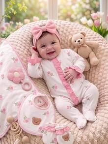 SHEIN Cute Newborn Baby Girl Knitted Bow Ruffle Romper - Pink - View 1