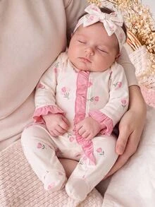 SHEIN Cute Newborn Baby Girl Knitted Bow Ruffle Romper - Pink - View 2