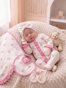 SHEIN Cute Newborn Baby Girl Knitted Bow Ruffle Romper - Pink - View 10
