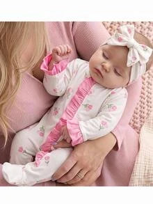 SHEIN Cute Newborn Baby Girl Knitted Bow Ruffle Romper - Pink - View 3