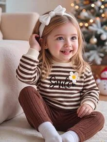 SHEIN Baby Girl Striped Loose Floral Embroidered Pullover Autumn Top Casual Versatile Leggings Set Suitable For Winter - Brown - View 1