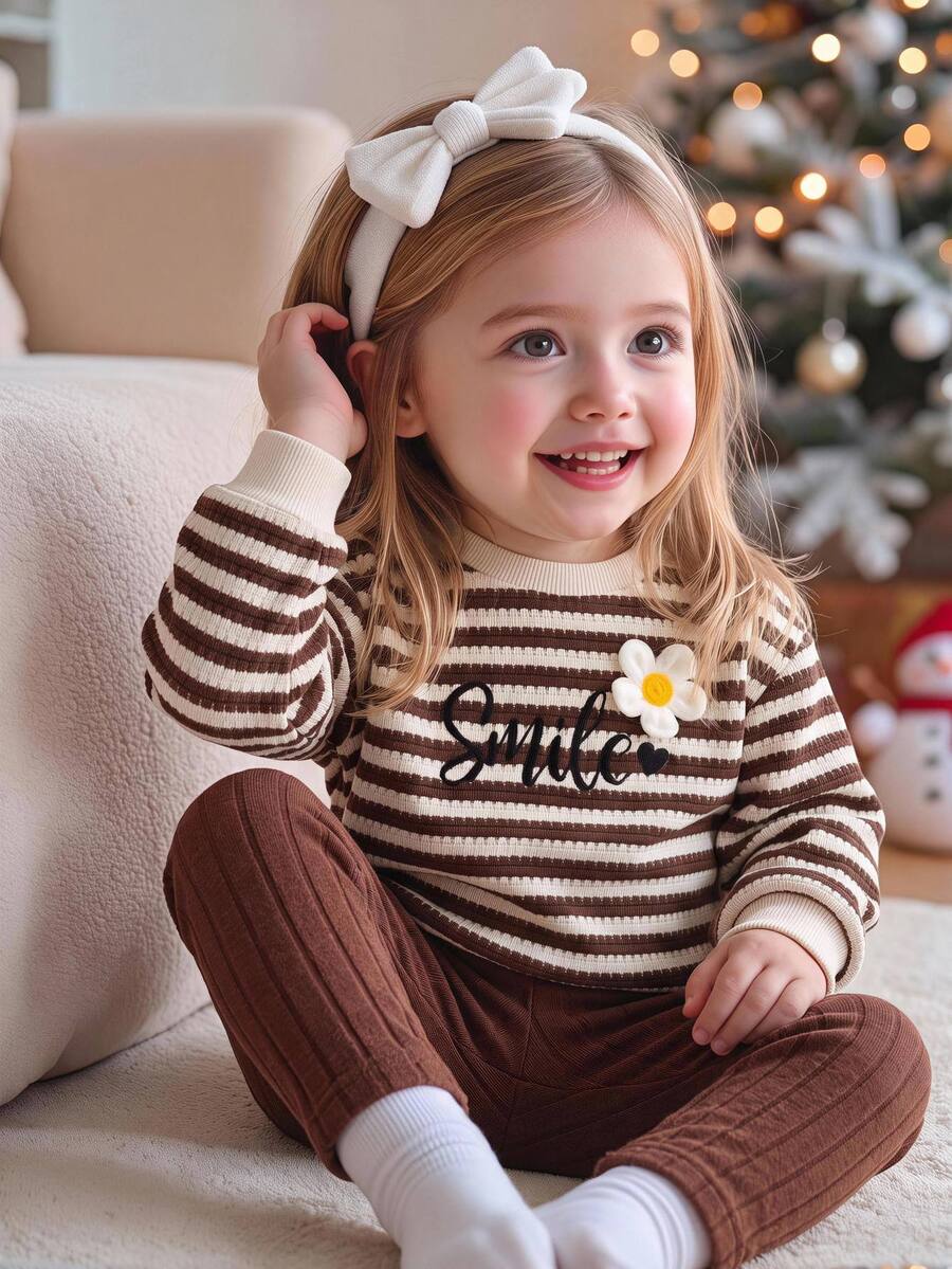 SHEIN Baby Girl Striped Loose Floral Embroidered Pullover Autumn Top Casual Versatile Leggings Set Suitable For Winter - Brown - View 1