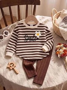 SHEIN Baby Girl Striped Loose Floral Embroidered Pullover Autumn Top Casual Versatile Leggings Set Suitable For Winter - Brown - View 2