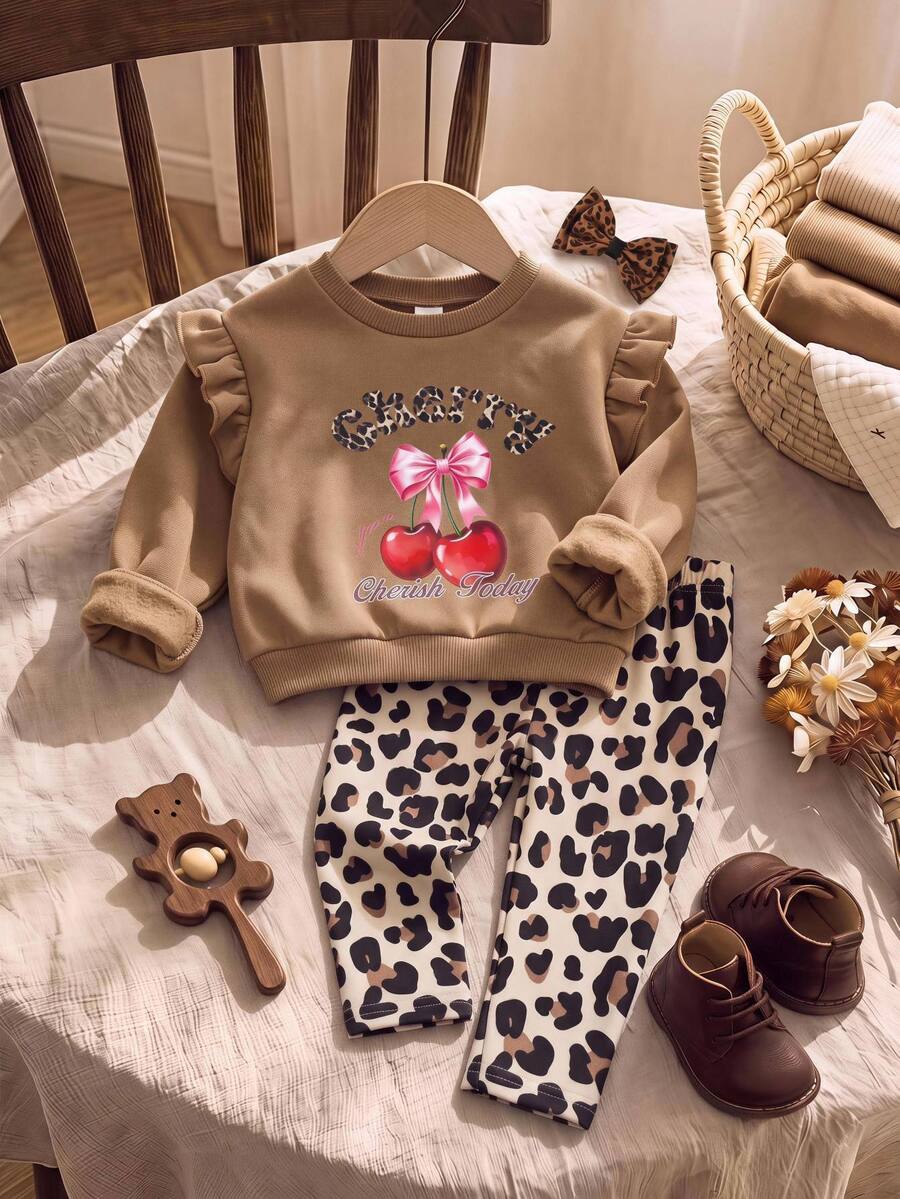 SHEIN Baby Girl Letter Cherry Pattern Long Sleeve Autumn Sweatshirt And Leopard Print Leggings Casual Daily Outfit - Brown - View 1