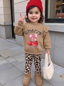 SHEIN Baby Girl Letter Cherry Pattern Long Sleeve Autumn Sweatshirt And Leopard Print Leggings Casual Daily Outfit - Brown - View 13